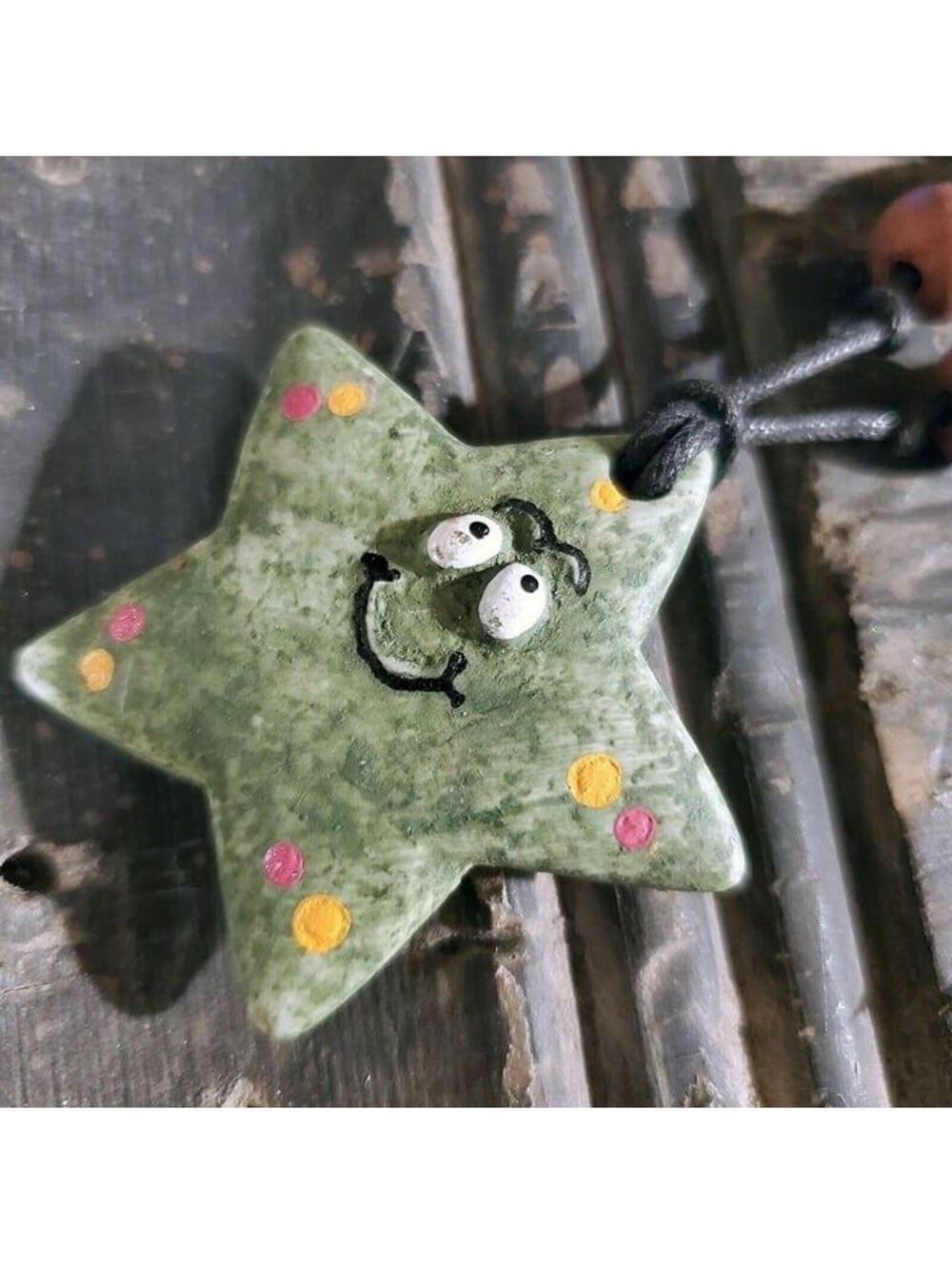 Artisan Star Fish Unglazed Clay Green Brown Multicolor OOAK Pendant Necklace